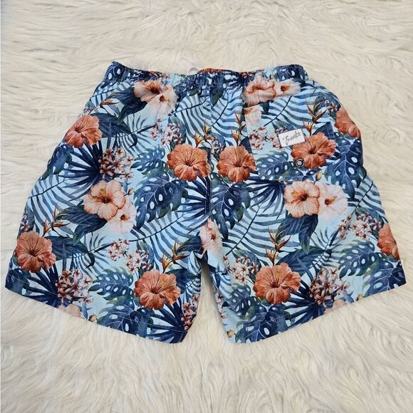 FRANKS Swim Shorts Mens Medium Hibiscus Floral Mesh Lined Tropical Trunks - Picture 2 of 11